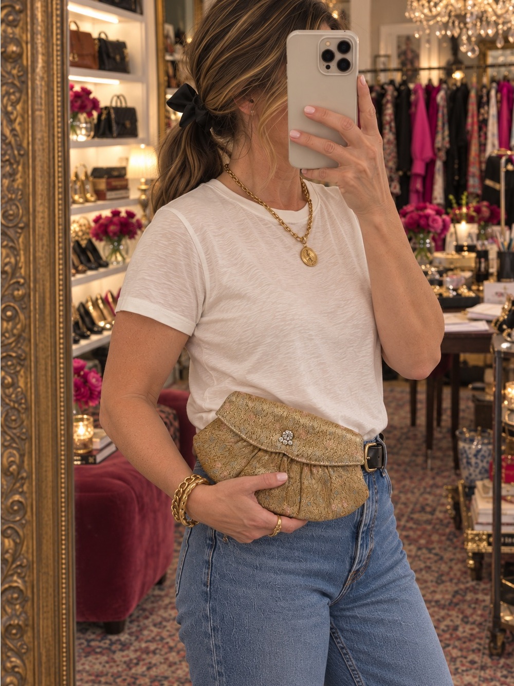 Vintage Gold Brocade Evening Clutch Rhinestone Clasp